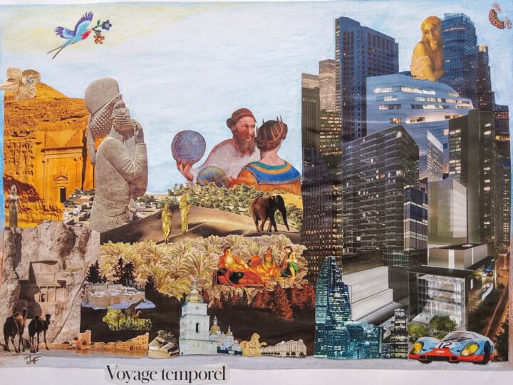 Collages titled "Voyage temporel" by Isabelle Flegeau, Original Artwork, Collages