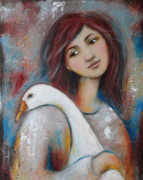 Painting titled "Avec mon oie" by Isabelle Milloz, Original Artwork, Acrylic Mounted on Wood Stretcher frame