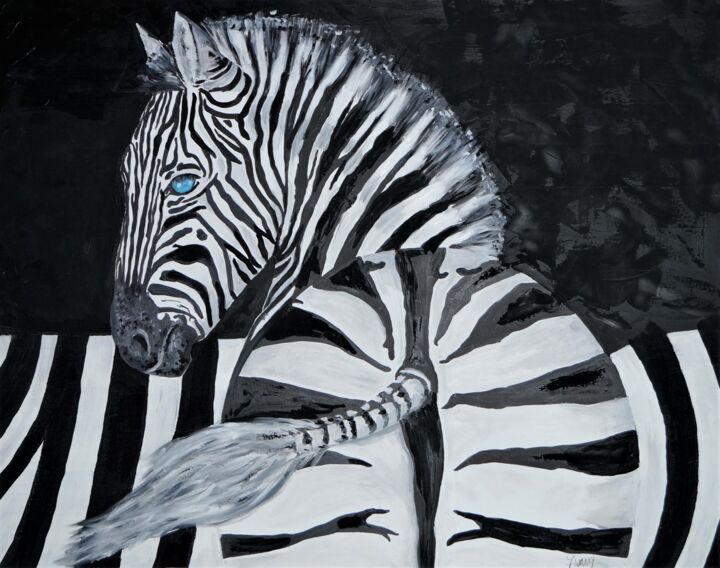 Painting titled "ZEBRE 3" by Isabelle Zwang, Original Artwork, Oil Mounted on Wood Stretcher frame