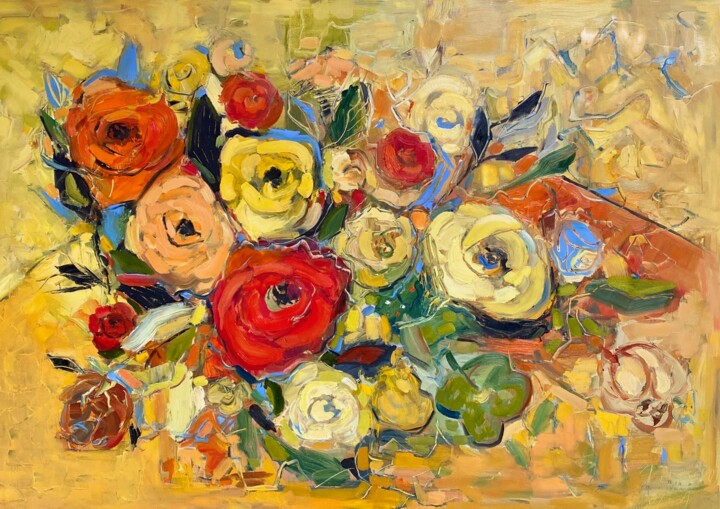 제목이 "Flowers on a yellow…"인 미술작품 Iuliia Abramoshvili로, 원작, 기름