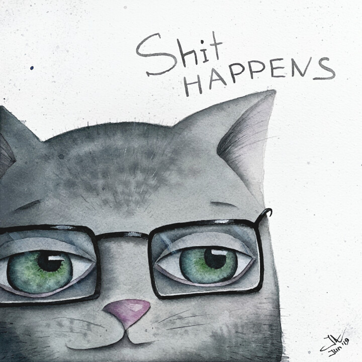 Painting titled "Sad Cat (Shit Happe…" by Iuliia Andriiets, Original Artwork, Watercolor