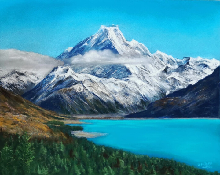 Peinture intitulée "Mountains and lake" par Iuliia Aubony, Œuvre d'art originale, Pastel