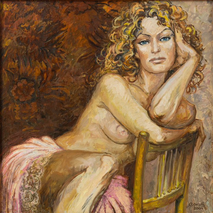 Painting titled "Portrait" by Iurii Korkhov, Original Artwork, Oil Mounted on Wood Stretcher frame