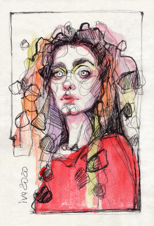 Drawing titled "Robe rouge" by Tatiana Ivchenkova, Original Artwork, Watercolor