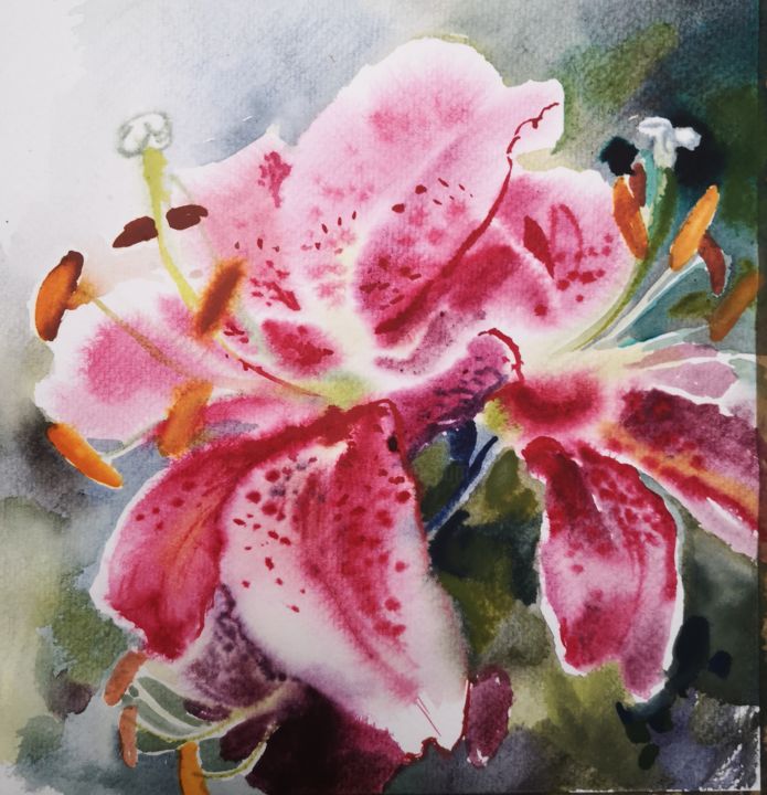Painting titled "Lilies" by Im, Original Artwork, Watercolor