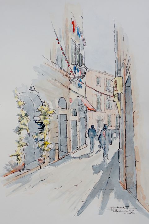 Painting titled "rue-du-vieux-nice-l…" by Jean-François Bertrand, Original Artwork, Watercolor