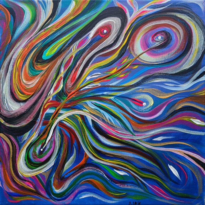 Schilderij getiteld "The feathers of time" door J.U., Origineel Kunstwerk, Acryl