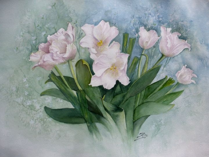 Painting titled "Les tulipes de Sylv…" by Jacqueline De Ro, Original Artwork, Watercolor