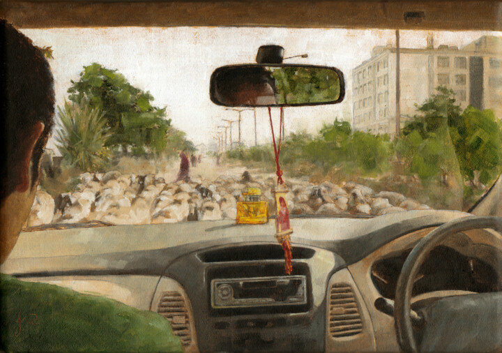 Peinture intitulée "Behind the Wheel" par Jacqueline Gomez, Œuvre d'art originale, Huile Monté sur Autre panneau rigide
