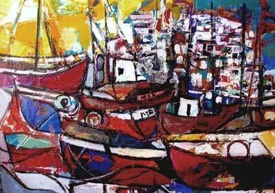 Schilderij getiteld "Port de grèce" door Jacques Donneaud, Origineel Kunstwerk