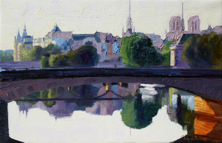 Painting titled "Ponts de Paris" by Jacques Peyrelevade, Original Artwork, Oil Mounted on Wood Stretcher frame