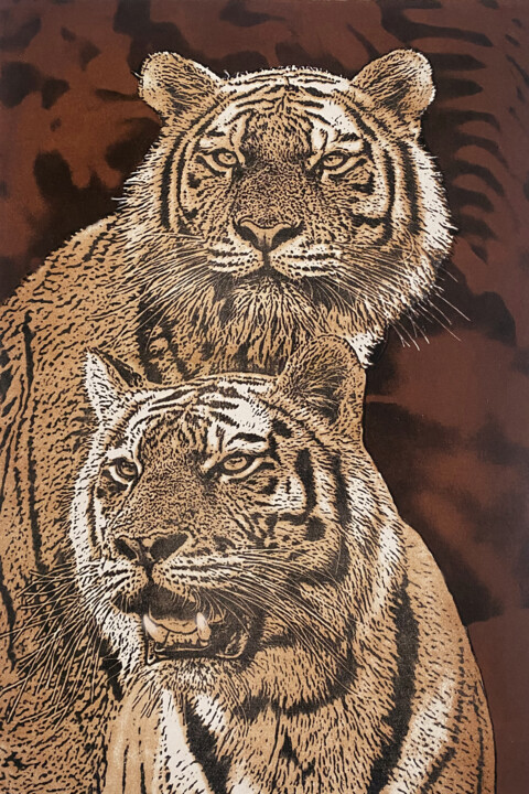 Printmaking titled "Les deux tigres" by Jacky Rouget, Original Artwork, Lithography