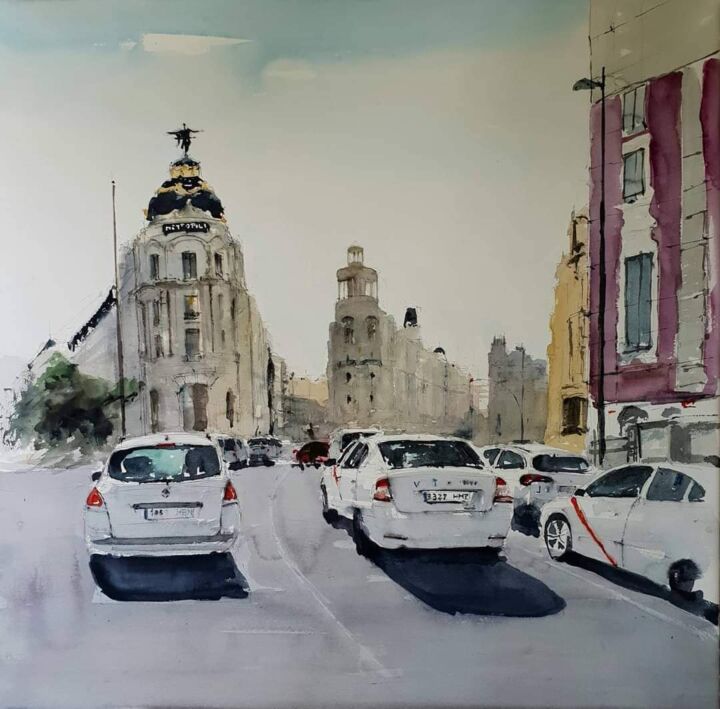 Schilderij getiteld "Madrid, Gran Via" door Jacques Villares, Origineel Kunstwerk, Aquarel