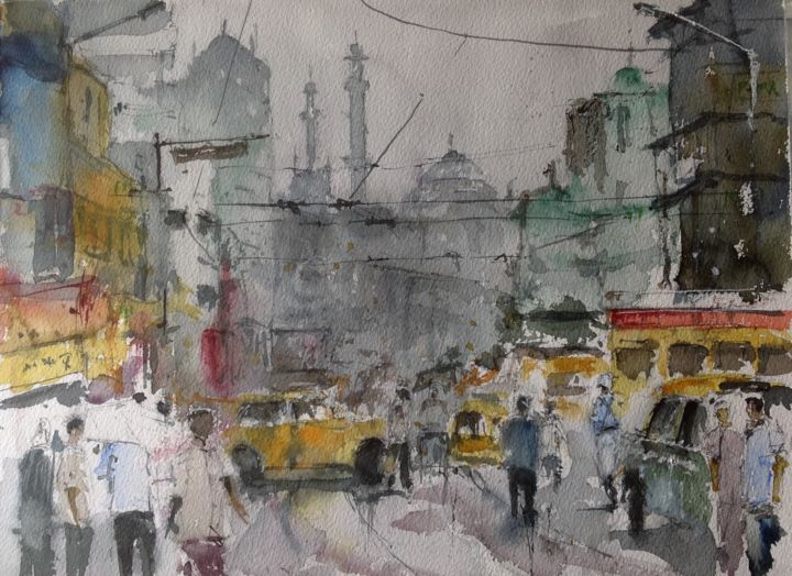 Painting titled "Calles de Bombay" by Jacques Villares, Original Artwork, Watercolor