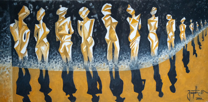 Painting titled "The Fashion Show" by Jagath Wickramarachchi, Original Artwork, Oil Mounted on Wood Panel