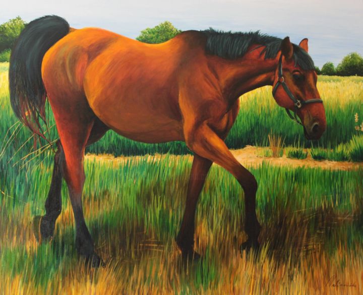 绘画 标题为“The horse, oil on l…” 由Blueberry Raspberry, 原创艺术品, 油