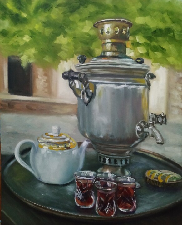 Pittura intitolato "Azerbaijani tea" da Jahangir Seyidov, Opera d'arte originale, Olio