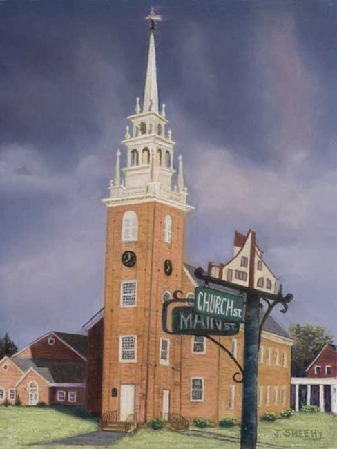 Pintura intitulada "Church and Main" por James Sheehy, Obras de arte originais