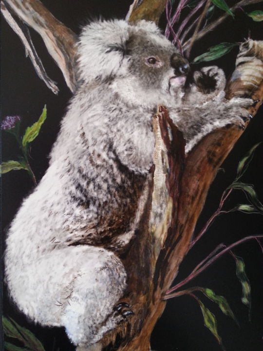 Zeichnungen mit dem Titel "Hissy, the Koala" von Jan Lowe, Original-Kunstwerk, Aquarell Auf Holzplatte montiert