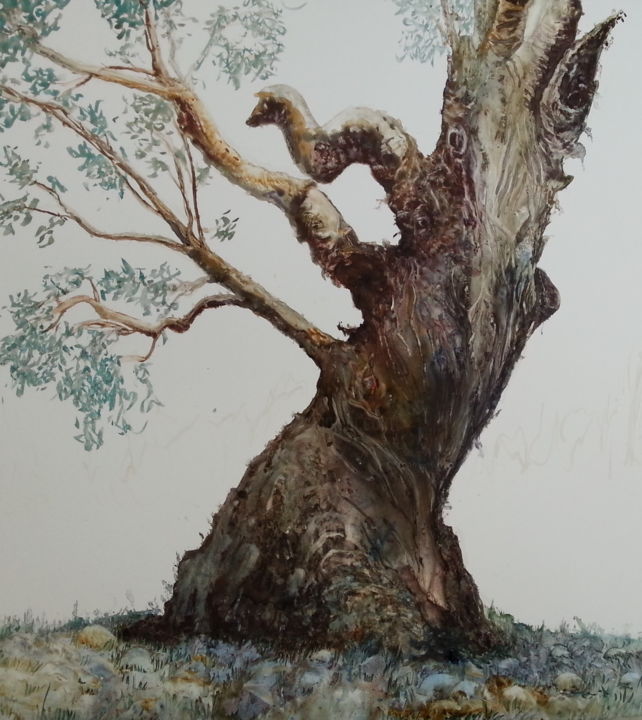 Malerei mit dem Titel "Old Faithful" von Jan Lowe, Original-Kunstwerk, Tinte Auf Holzplatte montiert