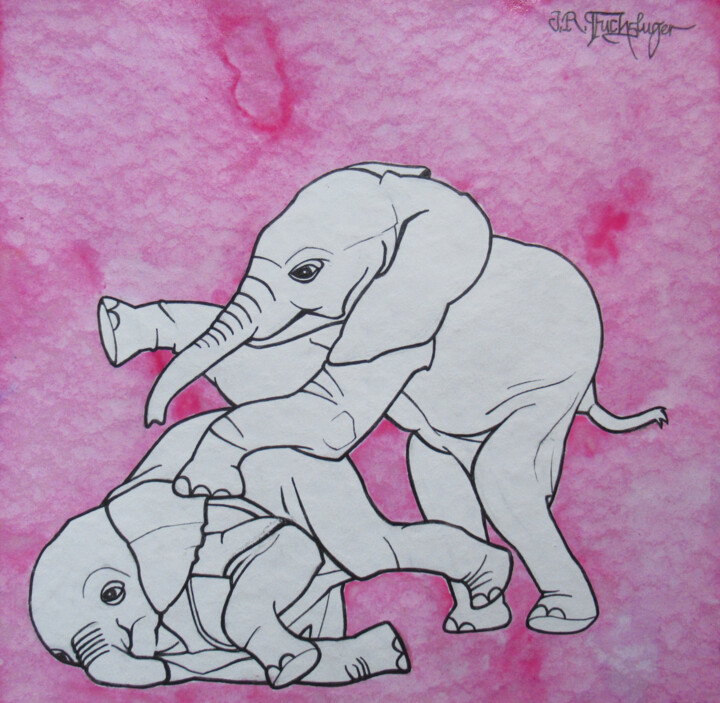 图画 标题为“Spielende Elephante…” 由Jan René Fuchsluger, 原创艺术品, 墨