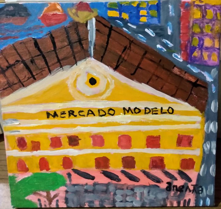 Painting titled "Mercado Modelo" by Jane Costa, Original Artwork, Acrylic Mounted on Wood Panel