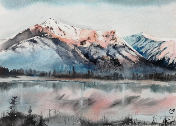 Pittura intitolato ""Pink Mountain Lake…" da Jane Skuratova, Opera d'arte originale, Acquarello