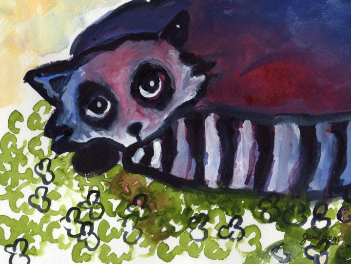 Malerei mit dem Titel "Raccoon in Clover P…" von Janel Bragg, Original-Kunstwerk, Aquarell