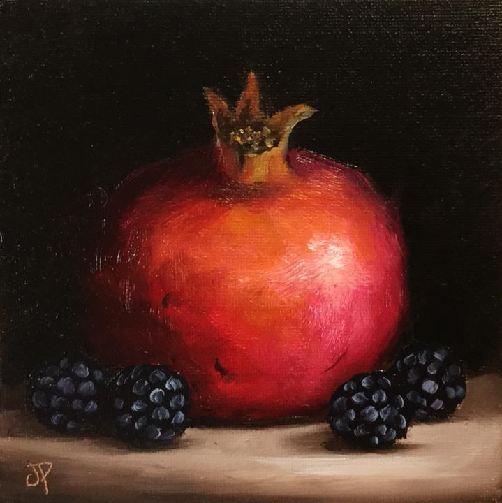 Картина под названием "Pomegranate with bl…" - Jane Palmer Art, Подлинное произведение искусства, Масло
