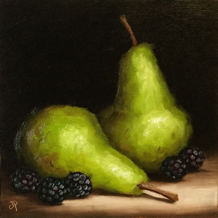 Картина под названием "Pears with blackber…" - Jane Palmer Art, Подлинное произведение искусства, Масло