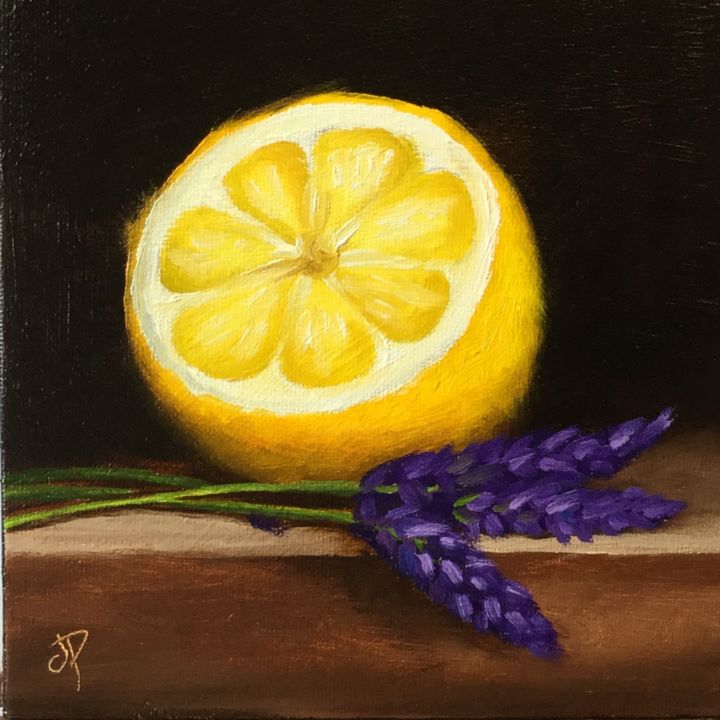Картина под названием "Lemon half with Lav…" - Jane Palmer Art, Подлинное произведение искусства, Масло