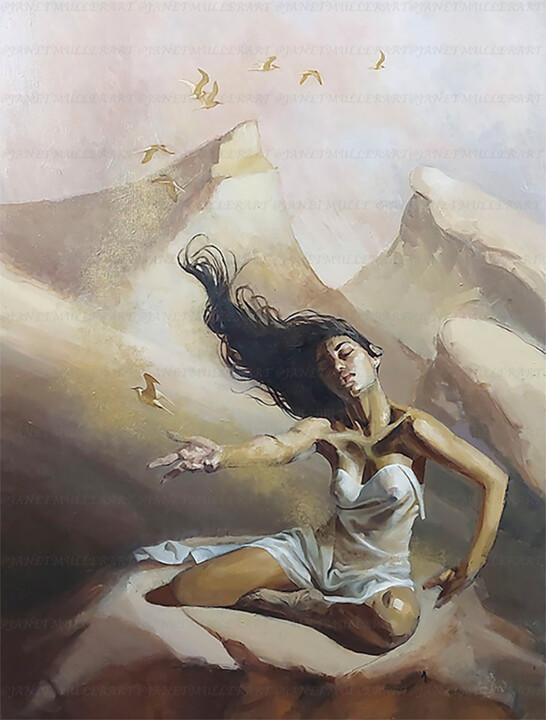 「Golden Sands」というタイトルの絵画 Janet Mullerによって, オリジナルのアートワーク, オイル ウッドストレッチャーフレームにマウント