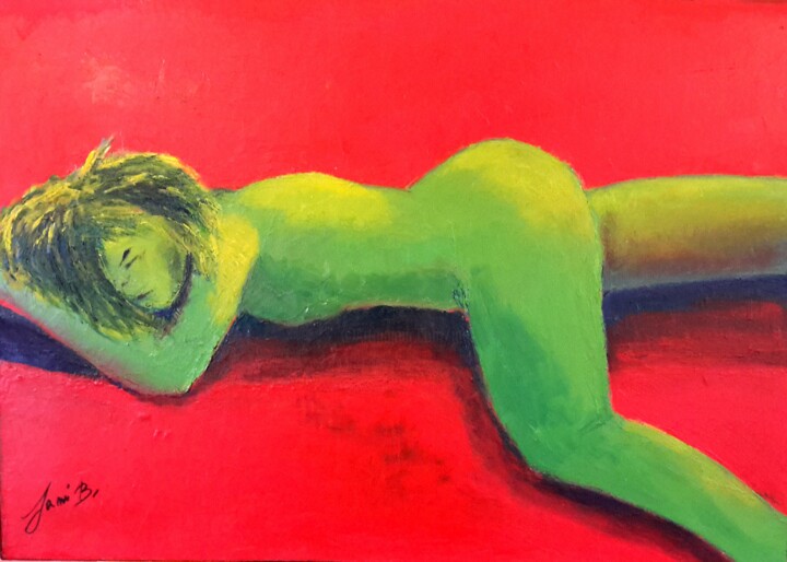 Painting titled "Rêveuse nue verte /…" by Janie B., Original Artwork, Oil