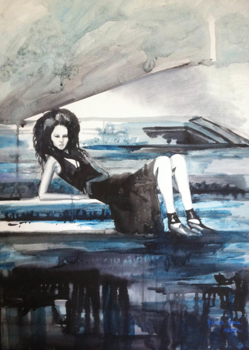 Schilderij getiteld "Witch on stairs" door Janie Richard, Origineel Kunstwerk, Aquarel