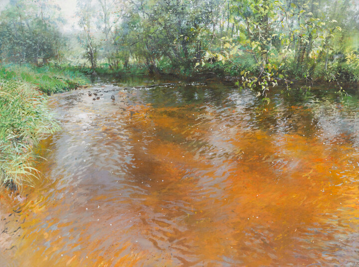Картина под названием "River in Summer" - Janis Zingitis, Подлинное произведение искусства, Акрил Установлен на Деревянная р…