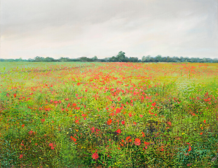 Painting titled "Poppy field" by Janis Zingitis, Original Artwork, Oil
