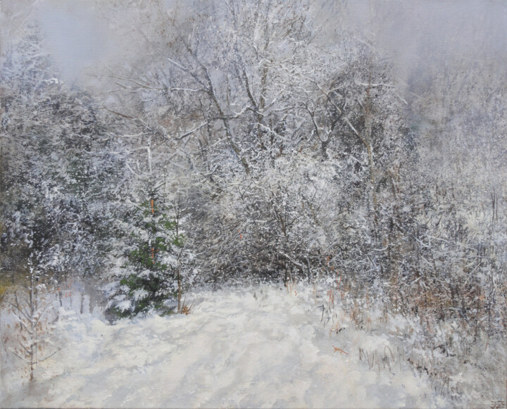 Painting titled "Snow Cloud Passed" by Janis Zingitis, Original Artwork, Oil Mounted on Wood Stretcher frame