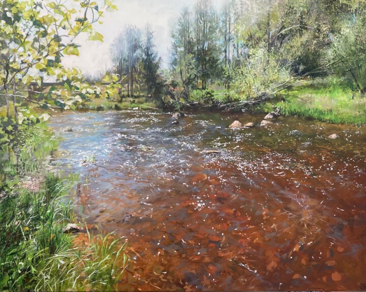 Malarstwo zatytułowany „Amata River in Spri…” autorstwa Janis Zingitis, Oryginalna praca, Olej Zamontowany na Drewniana rama…