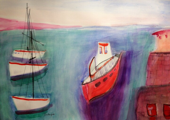 Pintura titulada "boats" por Janna Shulrufer, Obra de arte original, Acuarela