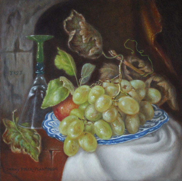 Painting titled "Druiven op aardewer…" by Janny Pieck-Plantinga, Original Artwork, Oil