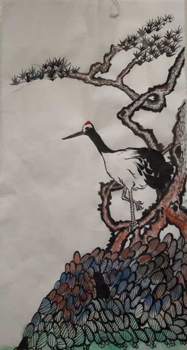 Painting titled "松鶴图" by Janny Hui, Original Artwork, Ink