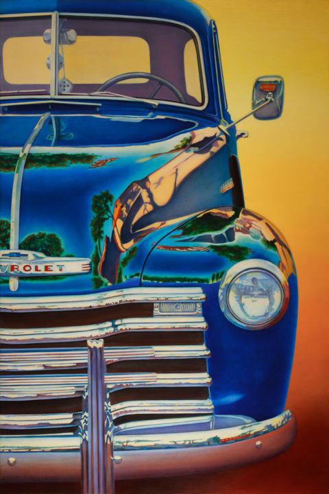 Schilderij getiteld "Chevy stepside" door John Chan, Origineel Kunstwerk, Olie Gemonteerd op Houten paneel