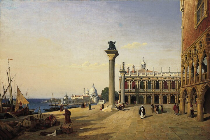 Malarstwo zatytułowany „Venise, La Piazetta” autorstwa Jean-Baptiste-Camille Corot, Oryginalna praca, Olej