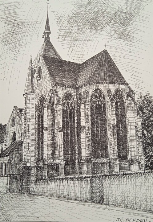 图画 标题为“L'Eglise de Damery” 由Jean-Claude Bemben, 原创艺术品, 墨