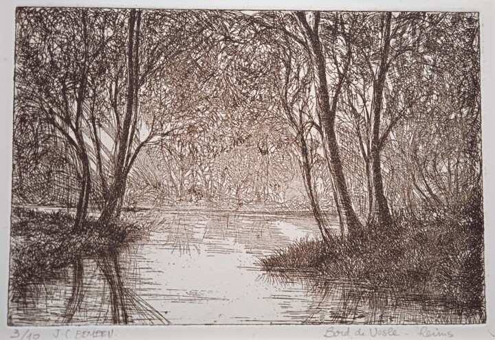 Printmaking titled "Bord de Vesle à Rei…" by Jean-Claude Bemben, Original Artwork, Etching