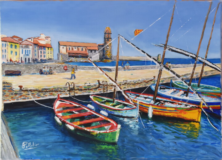 제목이 "Port de Collioure"인 미술작품 Jean-Claude Pelletier로, 원작, 아크릴 나무 들것 프레임에 장착됨