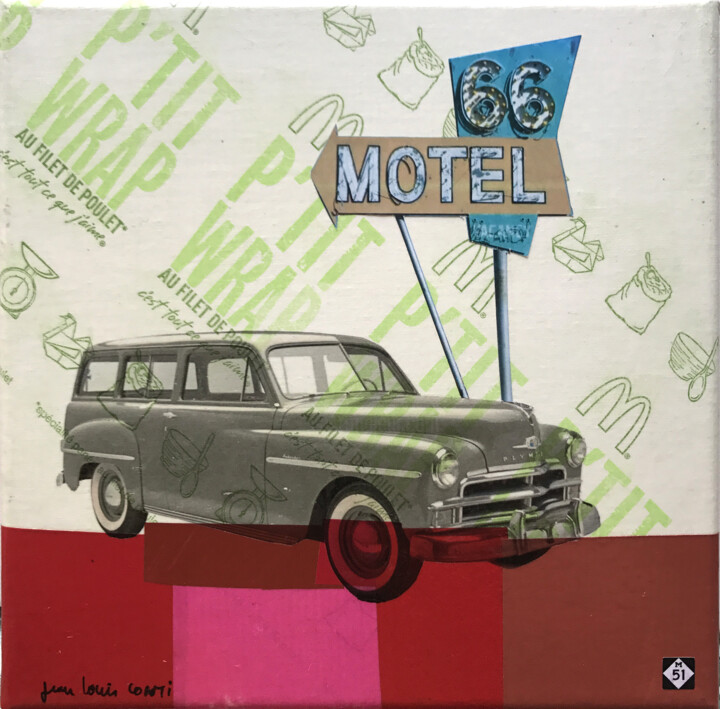Collages getiteld "vintage highways #51" door Jean-Louis Conti, Origineel Kunstwerk, Collages Gemonteerd op Frame voor houte…