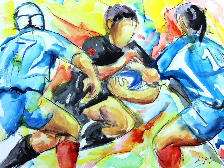 Painting titled "262 Rugby Black" by Jean-Luc Lopez, Original Artwork, Watercolor