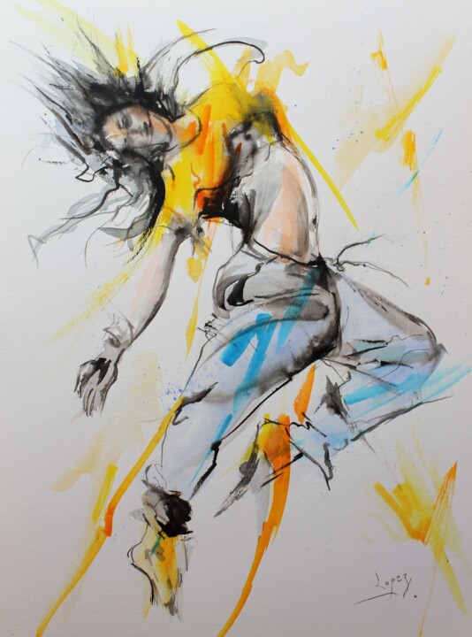 Painting titled "521 Saut de danse m…" by Jean-Luc Lopez, Original Artwork, Watercolor