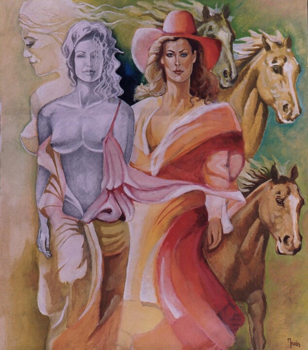 Peinture intitulée "Femmes-aux-chevaux" par Jean Luc Marès, Œuvre d'art originale, Huile